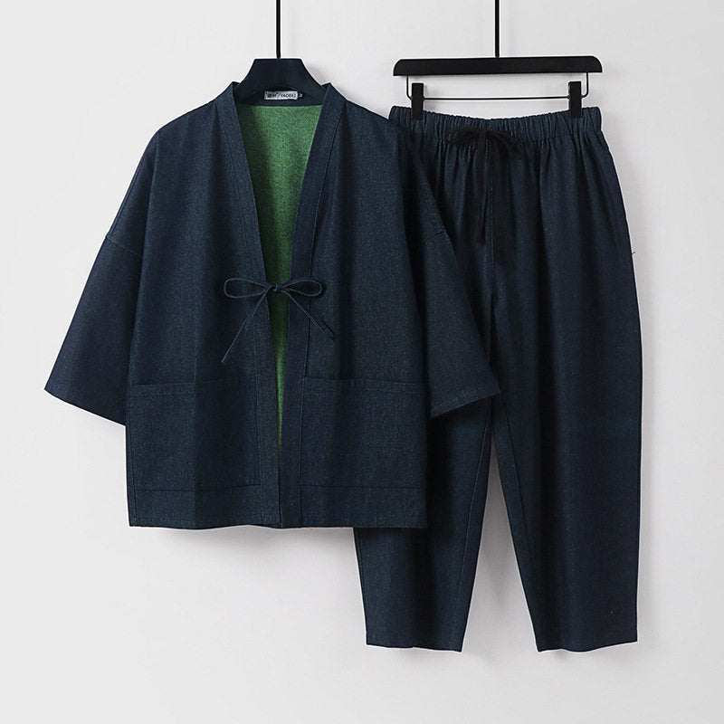 Unisex Casual Denim Kimono Set with Short Sleeve Jacket, Tie Band and Elastic Waist Pants Mune Fashion
