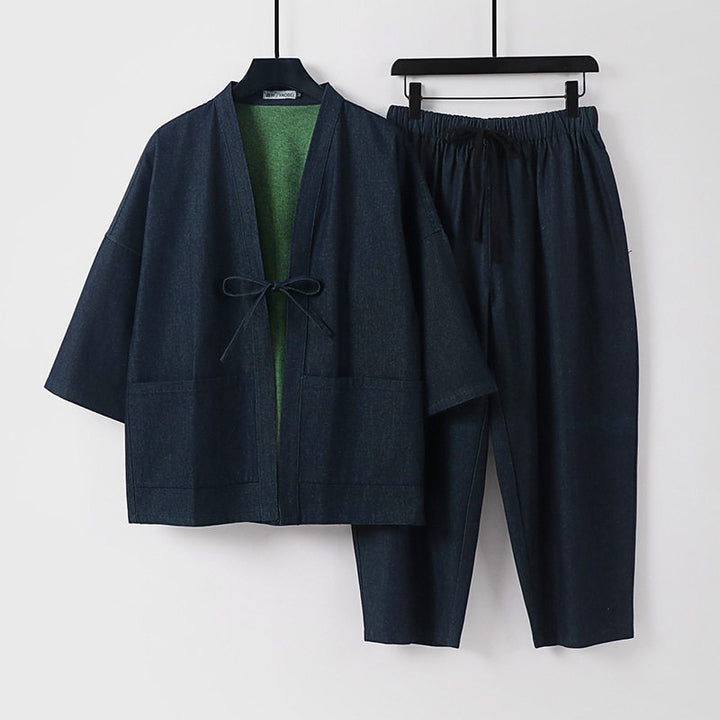 Unisex Casual Denim Kimono Set with Short Sleeve Jacket, Tie Band and Elastic Waist Pants Mune Fashion