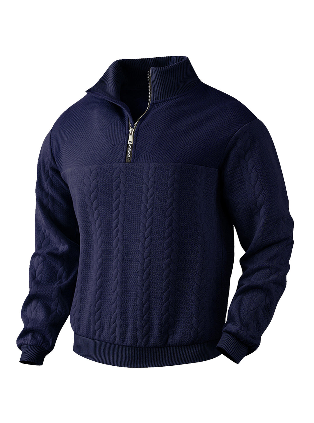 Men's textured knit sweater with half zip, braided cable pattern, and high stand-up collar Mune Fashion