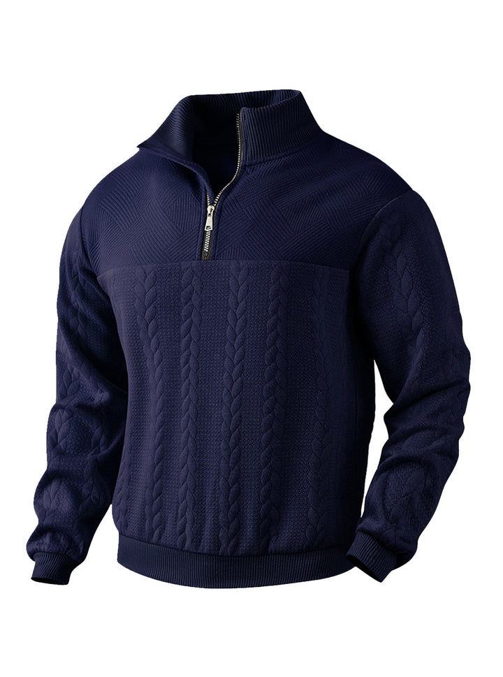 Men's textured knit sweater with half zip, braided cable pattern, and high stand-up collar Mune Fashion