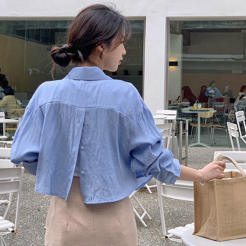 Women's Cropped Oversized Shirt Blouse in Linen Look with Back Slit and Decorative Button Placket Mune Fashion