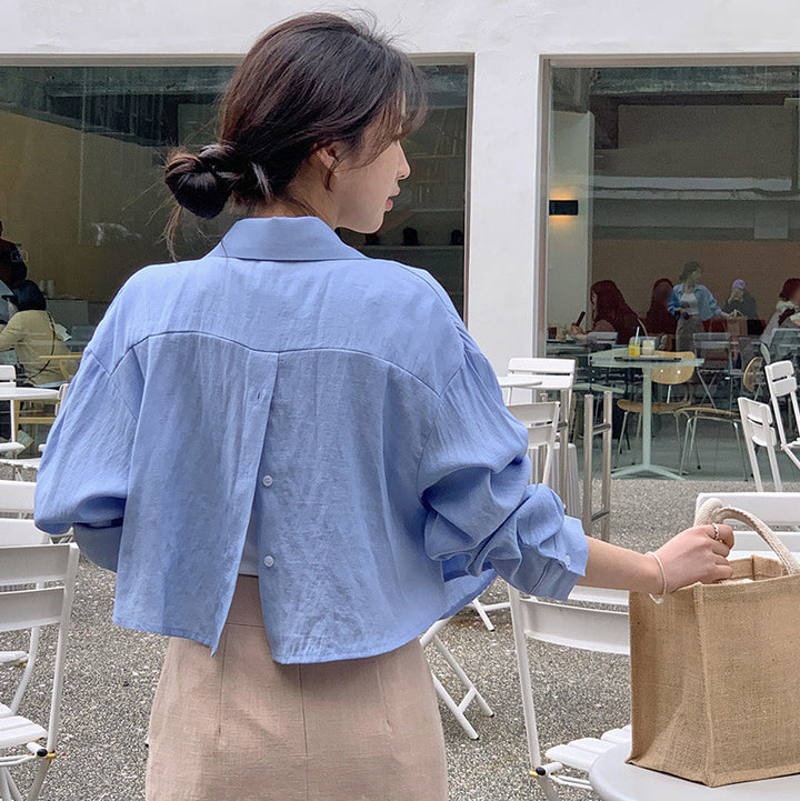Women's Cropped Oversized Shirt Blouse in Linen Look with Back Slit and Decorative Button Placket Mune Fashion
