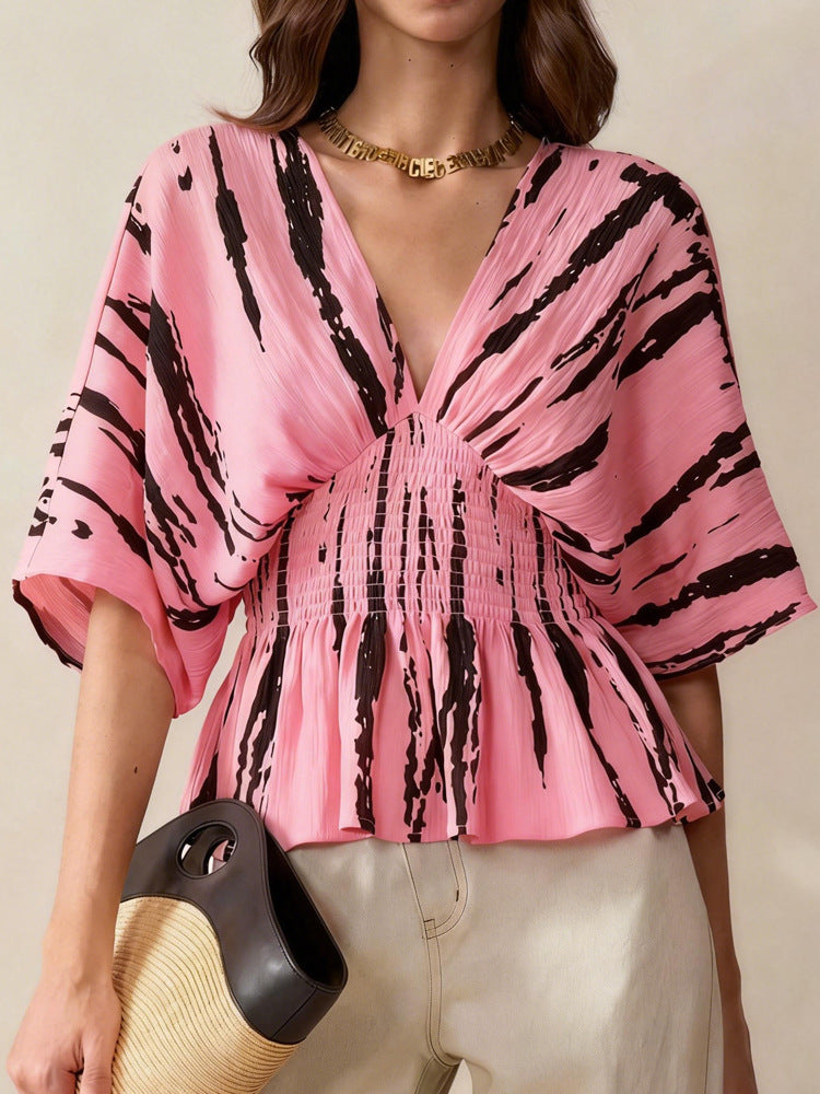 Women's V-Neck Blouse with Loose Fit and Ruching Mune Fashion