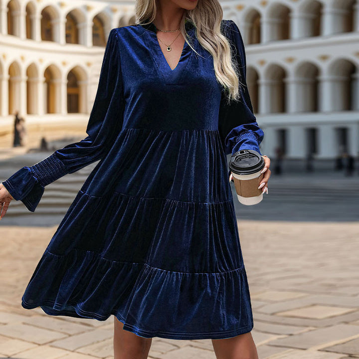 Women's velvet tiered dress with V-neck, gathered yoke, and balloon sleeves Mune Fashion