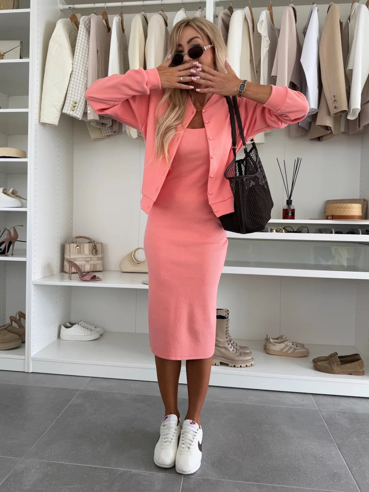 Women's fitted knitted midi dress with fine ribbed structure and short button jacket Mune Fashion