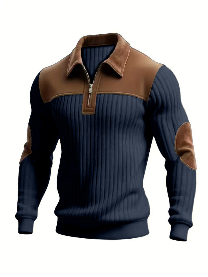 Men's ribbed half-zip pullover with contrasting leather appliqués on shoulders and elbows Mune Fashion