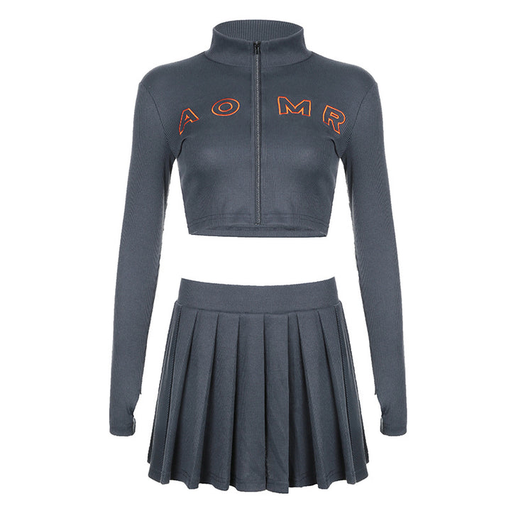 Women nano ribbed two-piece crop set with zipper, stand collar and pleated skirt Mune Fashion