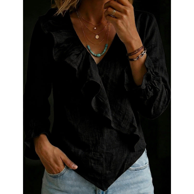 Women's Ruffle Blouse in Linen Look with Wrap Effect and Asymmetric Hem Mune Fashion