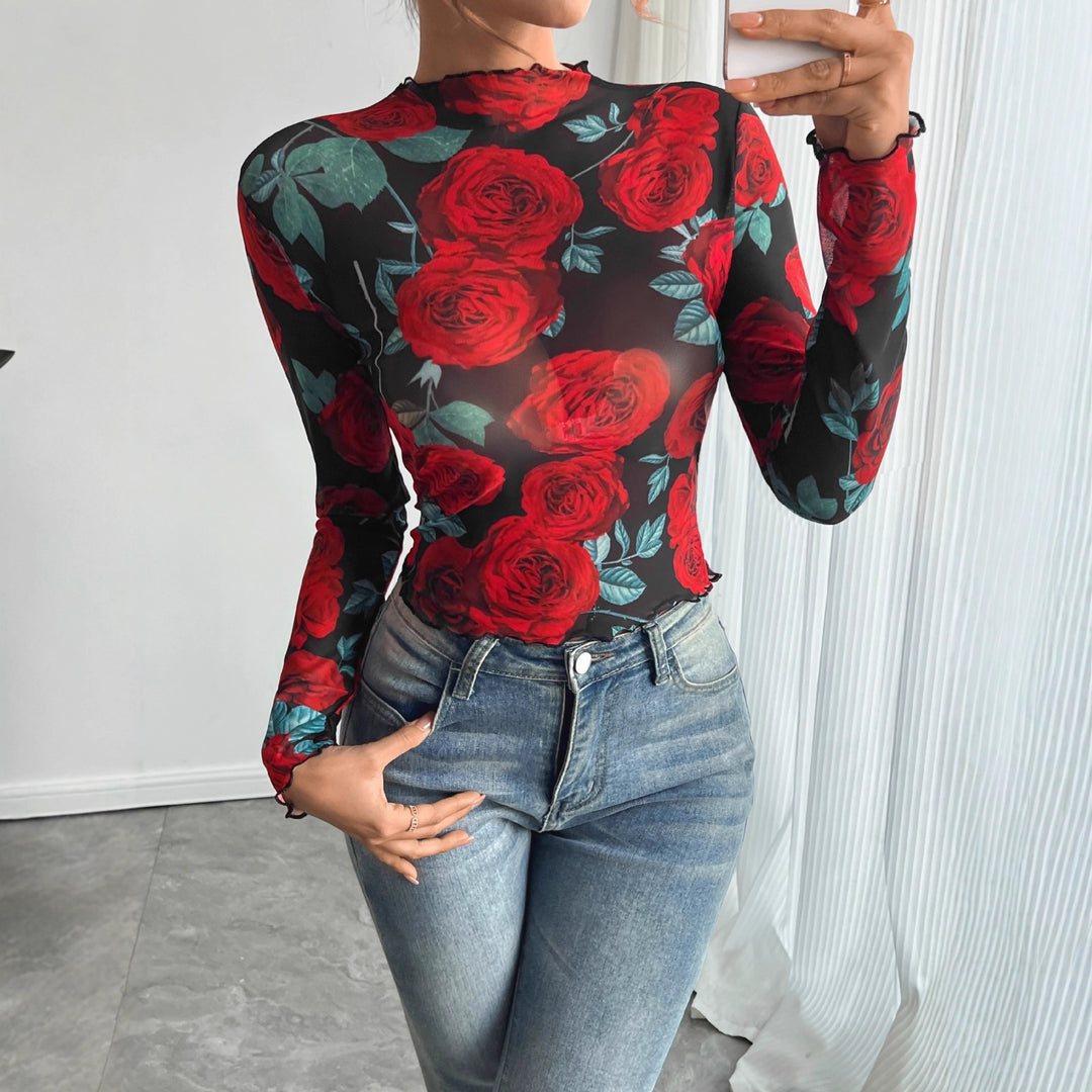Women's figure-hugging mesh long-sleeve shirt with rose motif, high collar and wave hem Mune Fashion