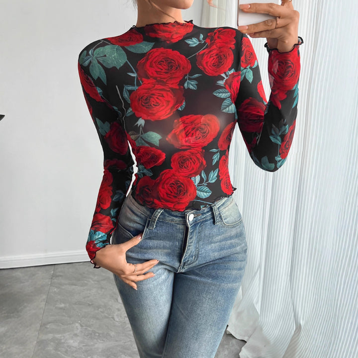 Women's figure-hugging mesh long-sleeve shirt with rose motif, high collar and wave hem Mune Fashion