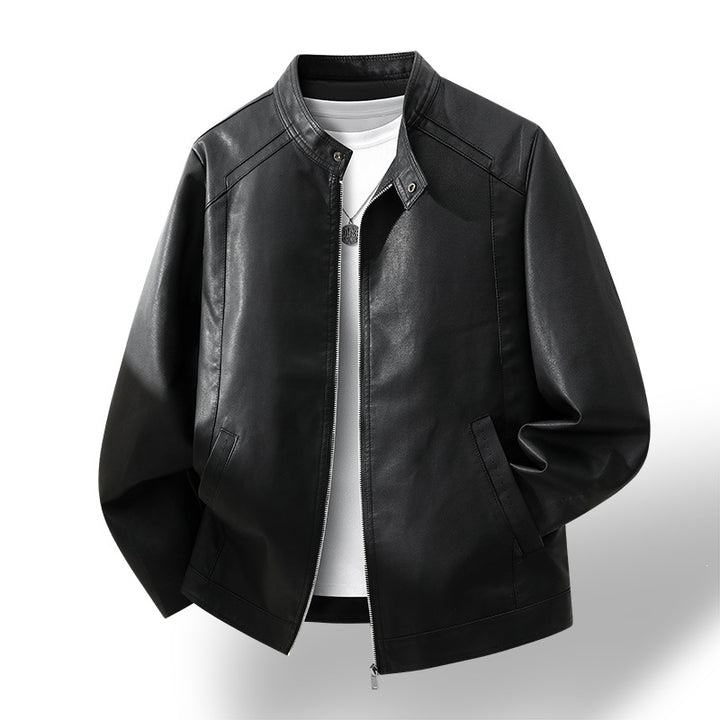Men's Simple Faux Leather City Jacket with Stand Collar, Two-Way Zipper & Side Pockets Mune Fashion