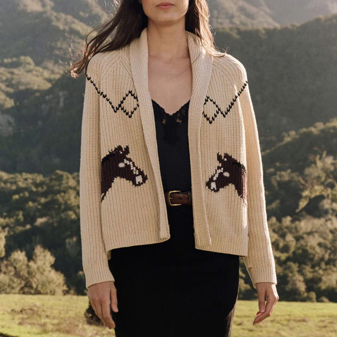 Women’s chunky knit cardigan with lapel collar and horse intarsia Mune Fashion