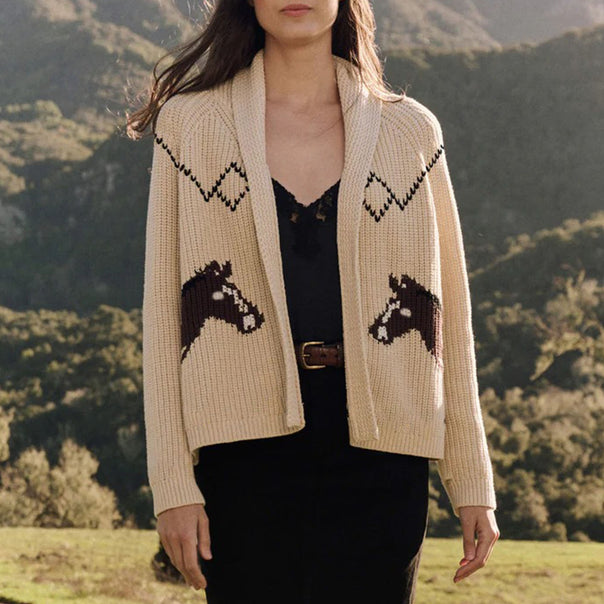 Women’s chunky knit cardigan with lapel collar and horse intarsia Mune Fashion