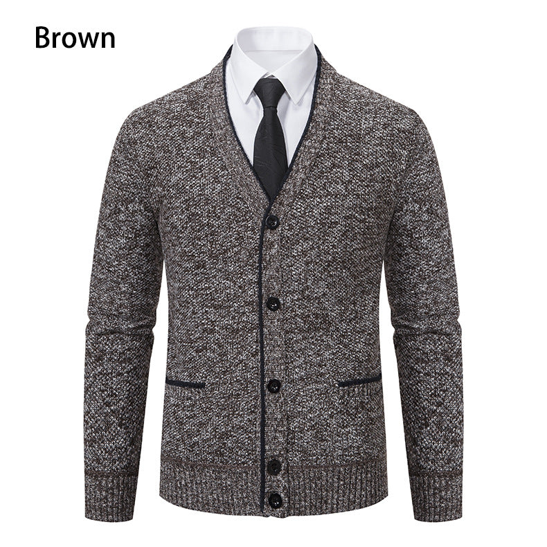 Men's knitted cardigan with melange structure, V-neck, contrast edges, and patch pockets Mune Fashion