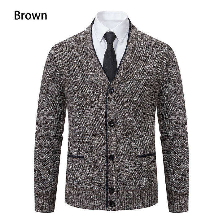 Men's knitted cardigan with melange structure, V-neck, contrast edges, and patch pockets Mune Fashion