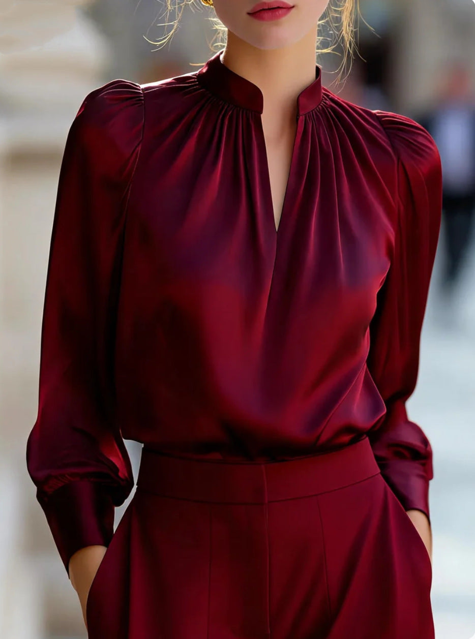 Ladies Elegant Blouse with Stand-up Collar and Bouffant Sleeves Mune Fashion