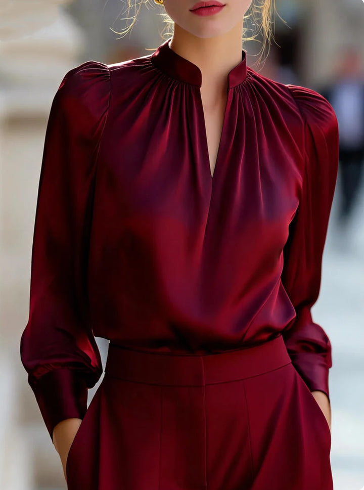 Ladies Elegant Blouse with Stand-up Collar and Bouffant Sleeves Mune Fashion