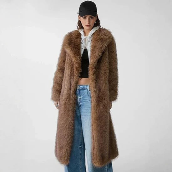 Women's Elegant Maxi Faux Fur Coat with Wide Shawl Collar and Straight Cut Mune Fashion