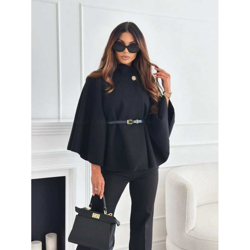 Women's Cape Coat with Fitted Leather Belt and Stand Collar Mune Fashion