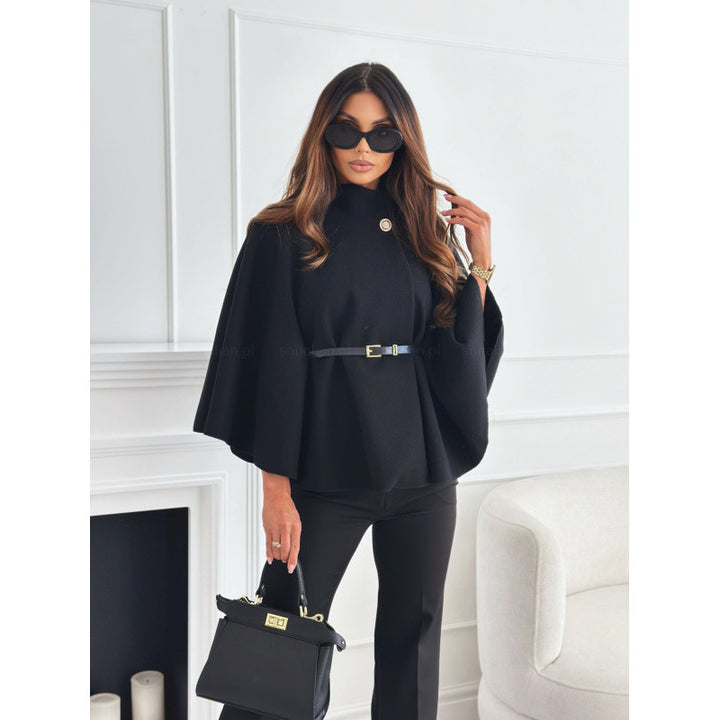 Women's Cape Coat with Fitted Leather Belt and Stand Collar Mune Fashion
