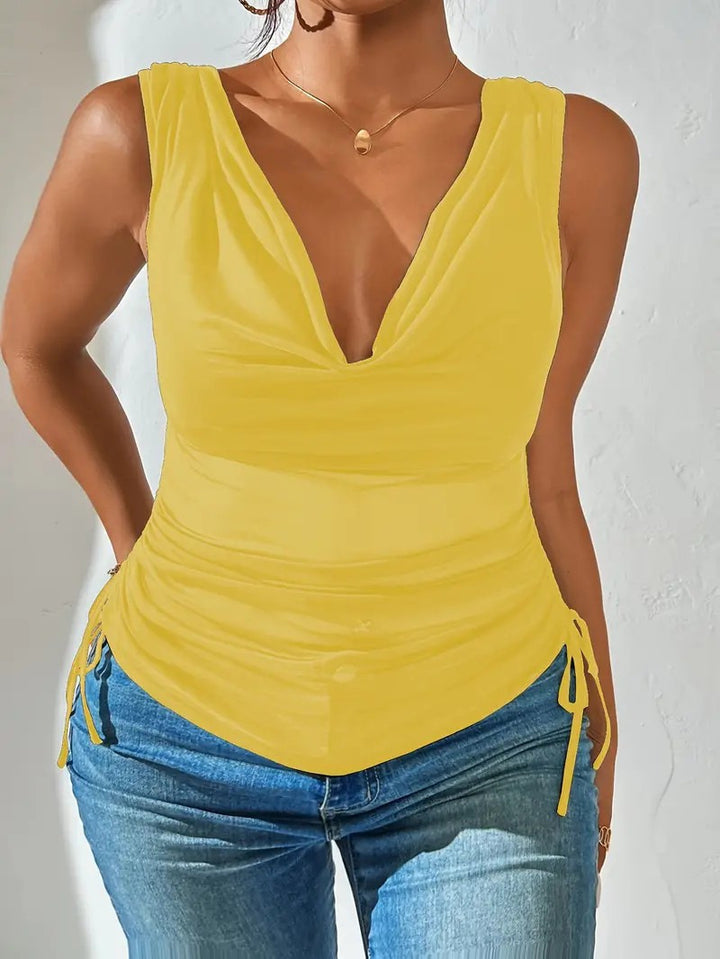 Women Sleeveless Draped V-Neck Top with Side Tuck Mune Fashion
