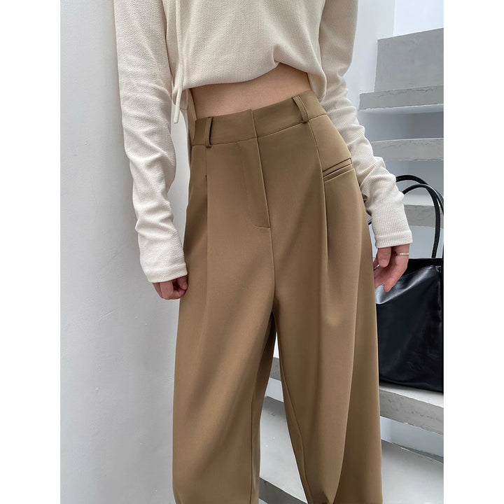 Women High-Waisted Tailored Trousers with Wide Leg, Pleats and Decorative Pocket Mune Fashion