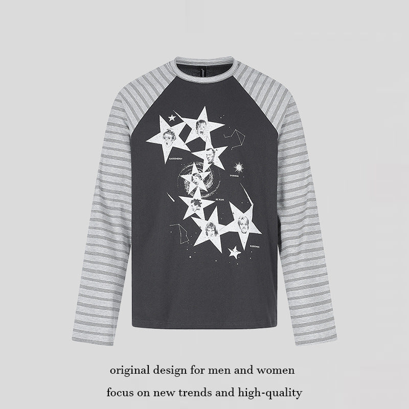 Women's cotton long sleeve shirt in raglan style with star portrait collage and striped sleeves Mune Fashion