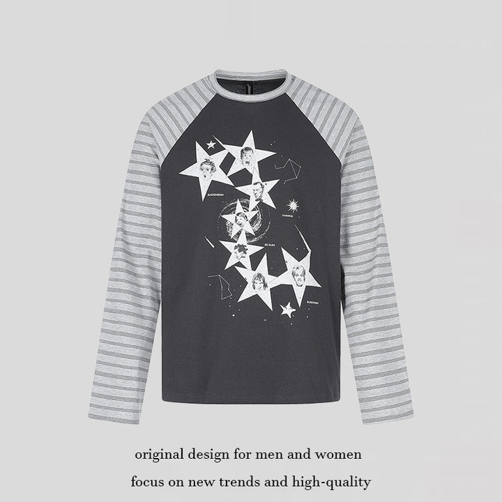 Women's cotton long sleeve shirt in raglan style with star portrait collage and striped sleeves Mune Fashion