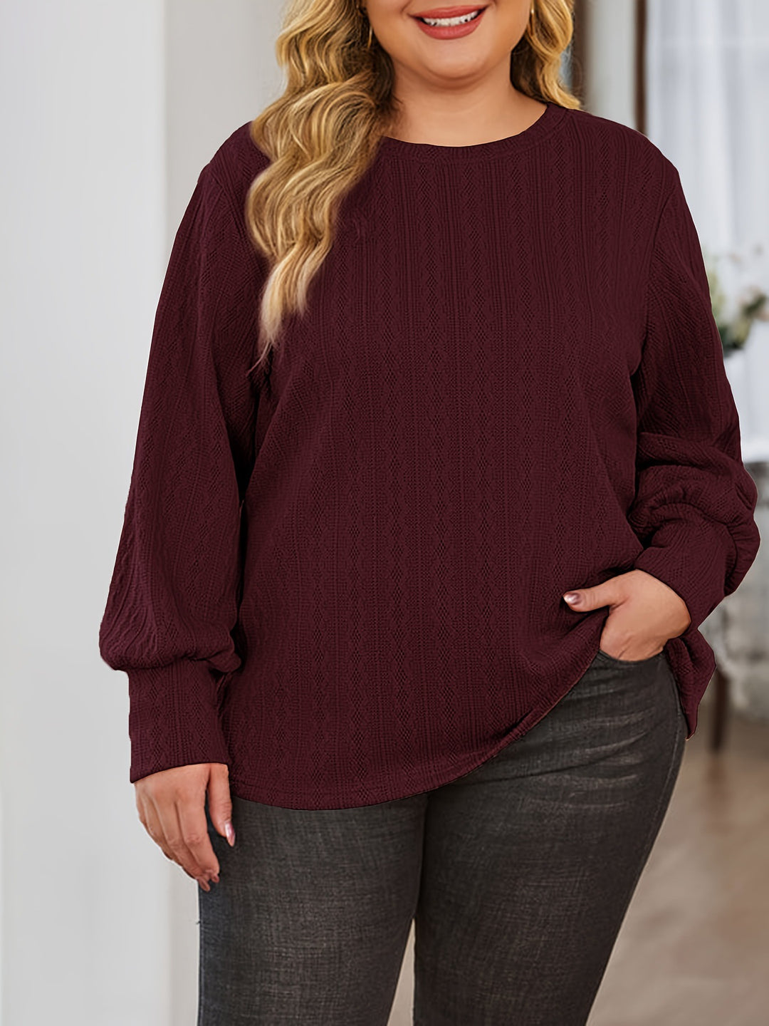 Women Textured Oversized Knit Sweater with Round Neck and Balloon Sleeves Mune Fashion
