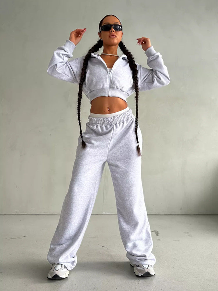 Women short zip hoodie with fitted cuff and wide high-waist French terry jogging pants set Mune Fashion