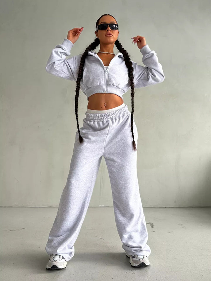 Women short zip hoodie with fitted cuff and wide high-waist French terry jogging pants set Mune Fashion