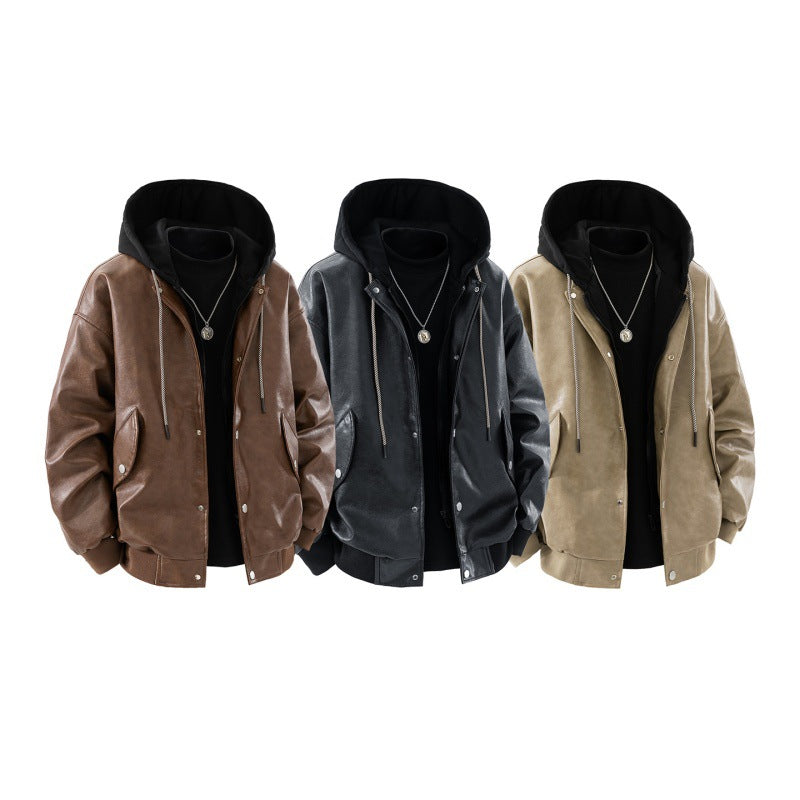 Men's oversized synthetic leather bomber jacket with contrasting hood, snap button placket and patch pockets Mune Fashion
