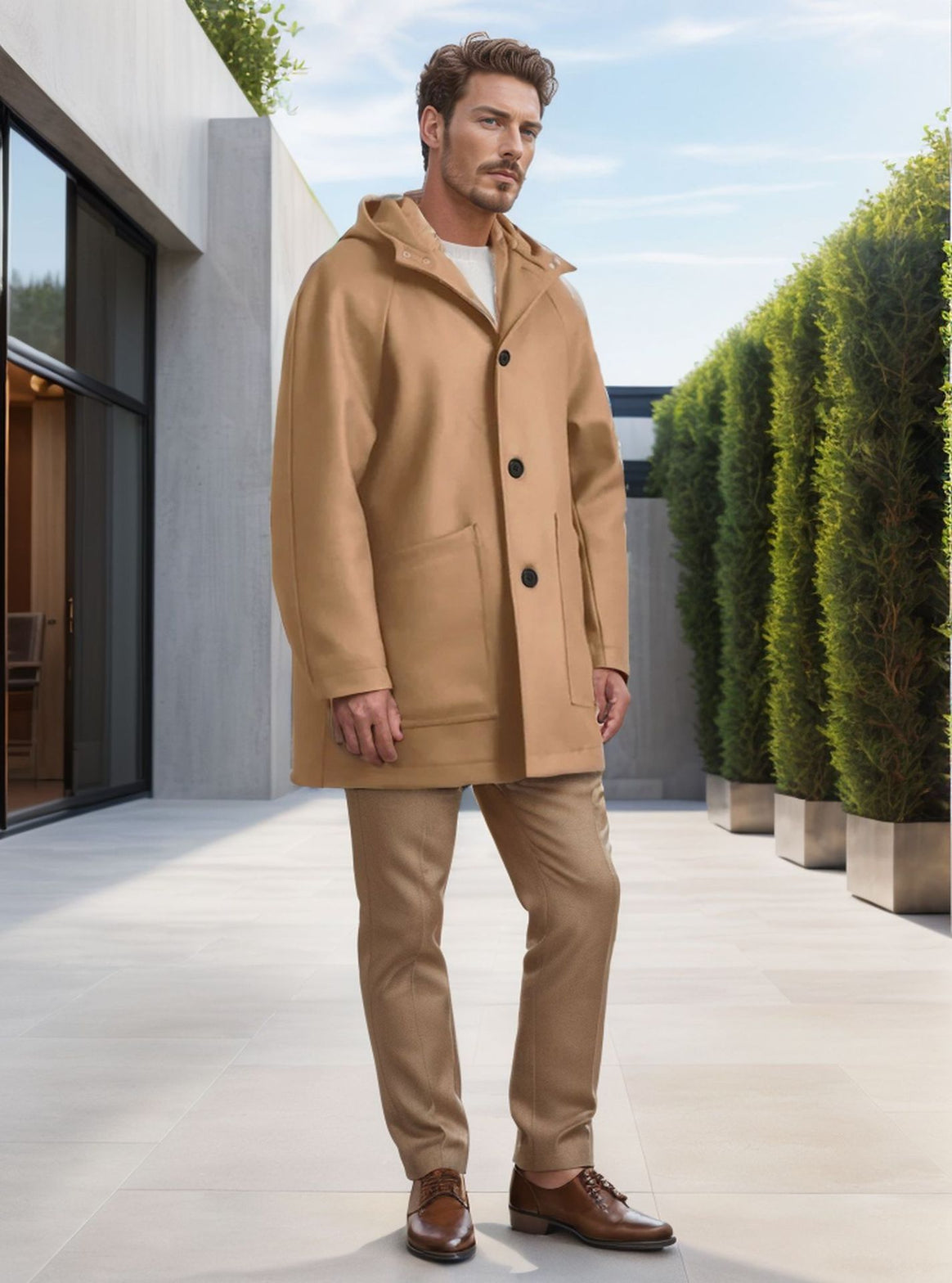 Men's hooded coat made of wool blend with straight silhouette, concealed button placket and large patch pockets Mune Fashion