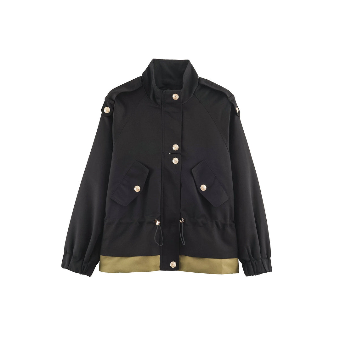 Women's lightweight utility jacket with drawstring waist gathering, stand-up collar, and flap pockets Mune Fashion