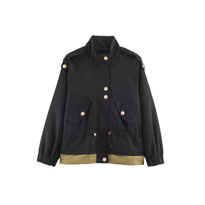 Women's lightweight utility jacket with drawstring waist gathering, stand-up collar, and flap pockets Mune Fashion