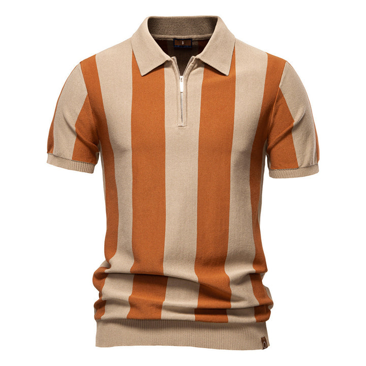 Men's short-sleeved fine knit half-zip polo with distinctive block stripes and Kent collar Mune Fashion