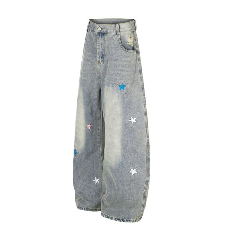 Women's Loose High-Waist Palazzo Jeans with Star Embroidery and Used Effect