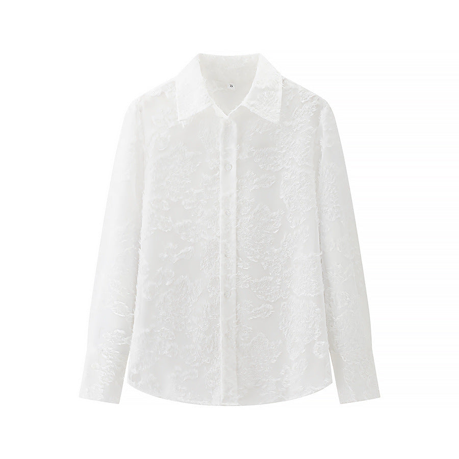 Women's sheer floral Jacquard blouse with shirt collar and full button placket Mune Fashion