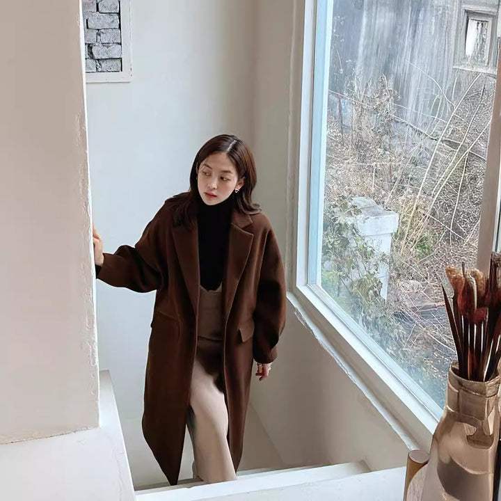 Women Longline Wool Blend Coat with boxy oversized fit and clean lapel Mune Fashion