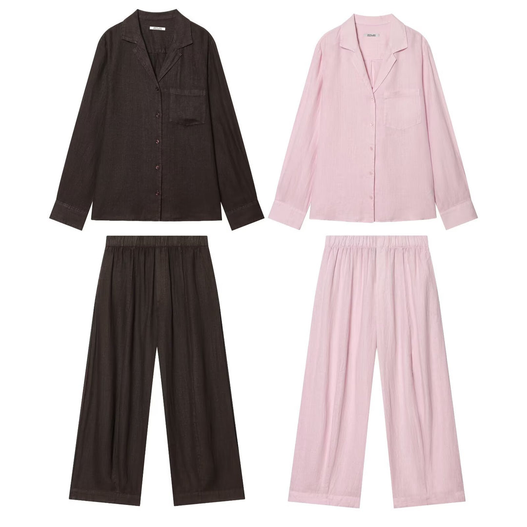 Women Two-Piece Loungewear Set in Linen Look with Loose Pajama Shirt and Wide Palazzo Pants Mune Fashion