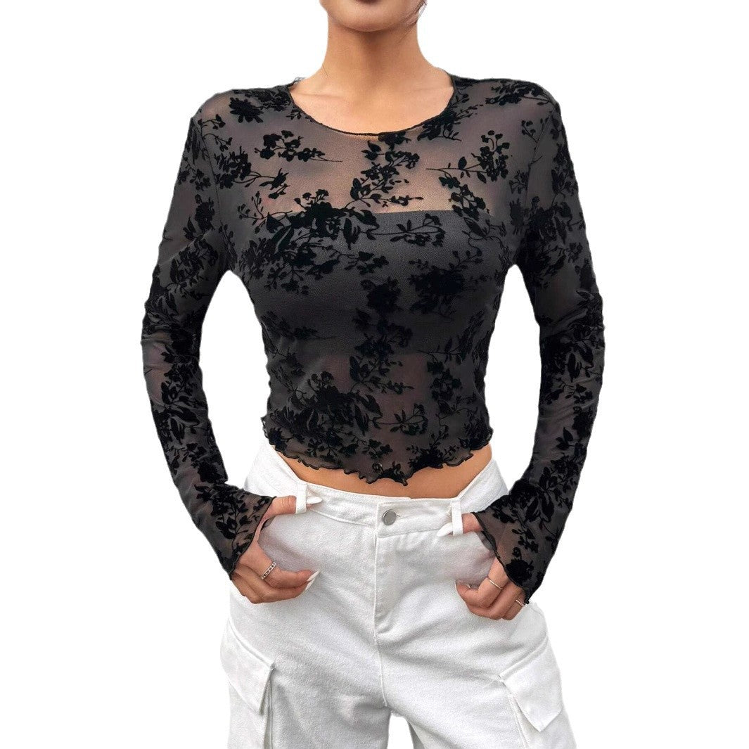 Women's non-cropped mesh top with floral velvet texture and gathered hem Mune Fashion