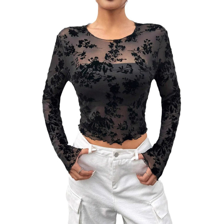 Women's non-cropped mesh top with floral velvet texture and gathered hem Mune Fashion