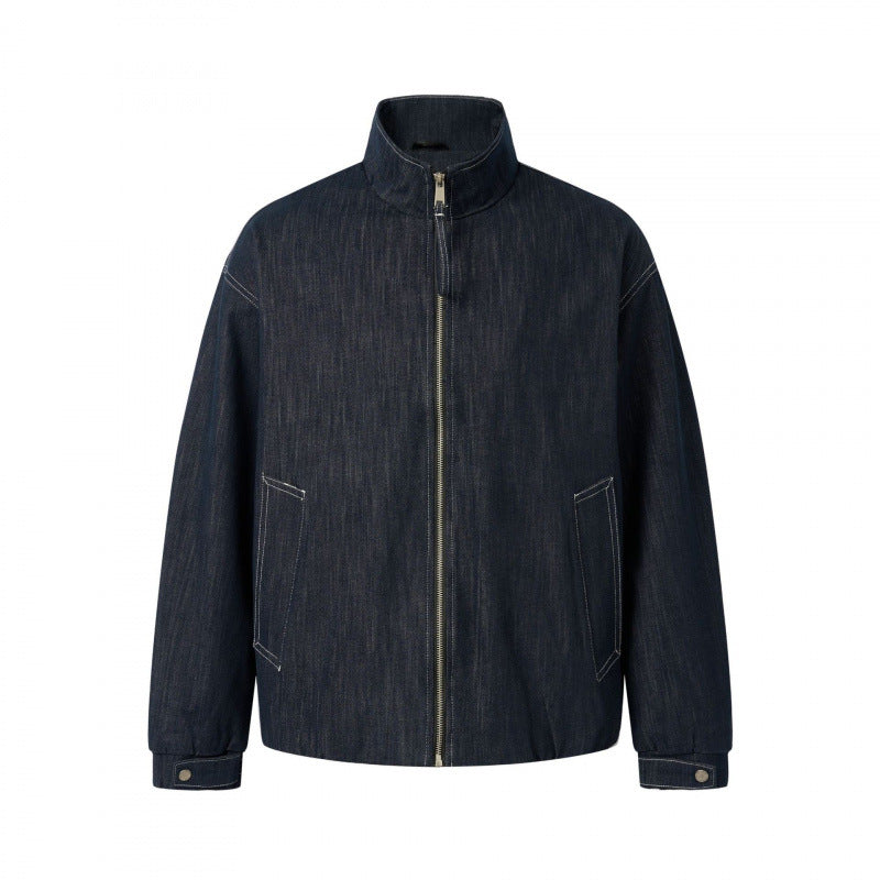Unisex Boxy Jeans Bomber Jacket with Stand Collar, Zipper and Elastic Hem Mune Fashion