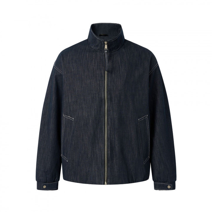 Unisex Boxy Jeans Bomber Jacket with Stand Collar, Zipper and Elastic Hem Mune Fashion