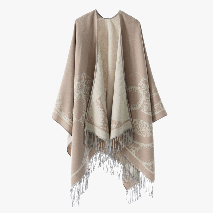 Women's Reversible Fine Knit Poncho with Jacquard Pattern and Fringed Hem Mune Fashion