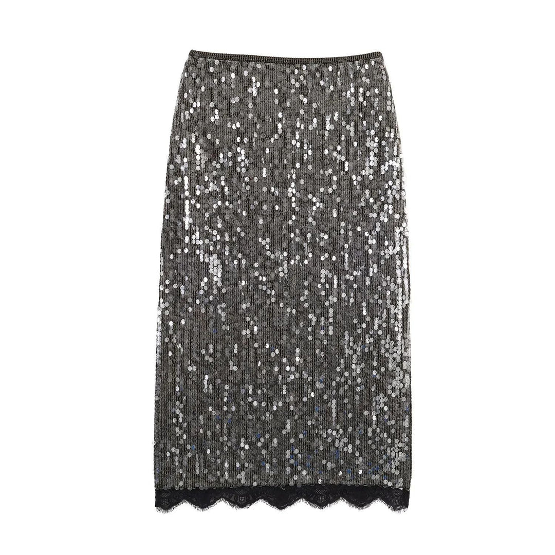 Women's sequined pencil skirt with elastic waistband and lace trim Mune Fashion