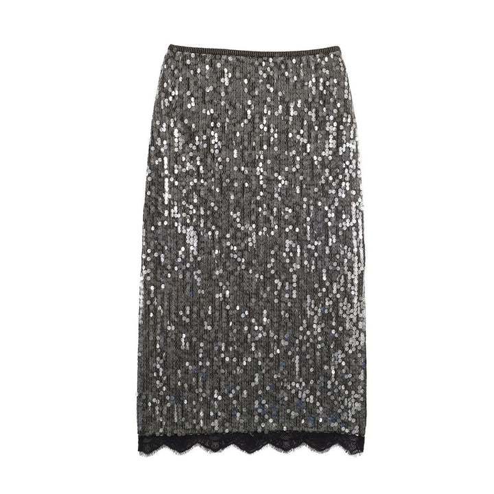 Women's sequined pencil skirt with elastic waistband and lace trim Mune Fashion