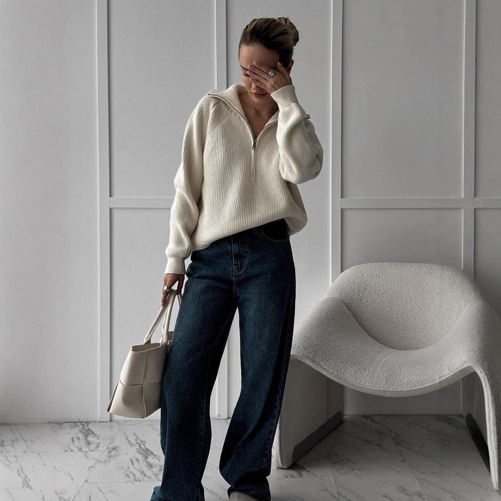 Women Ribbed Wool Blend Pullover with Half Zipper and Wide Stand-Up Collar Mune Fashion