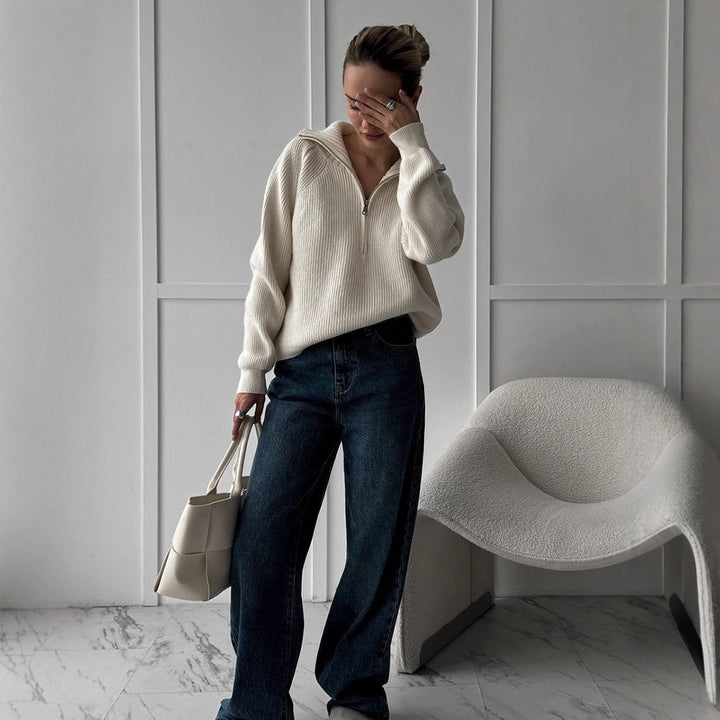 Women Ribbed Wool Blend Pullover with Half Zipper and Wide Stand-Up Collar Mune Fashion