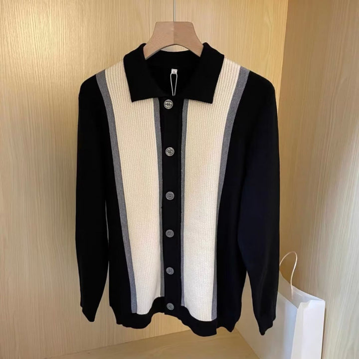 Women's Fine Knit Cardigan with Polo Collar, Contrasting Ribbed Inserts and Continuous Button Placket Mune Fashion